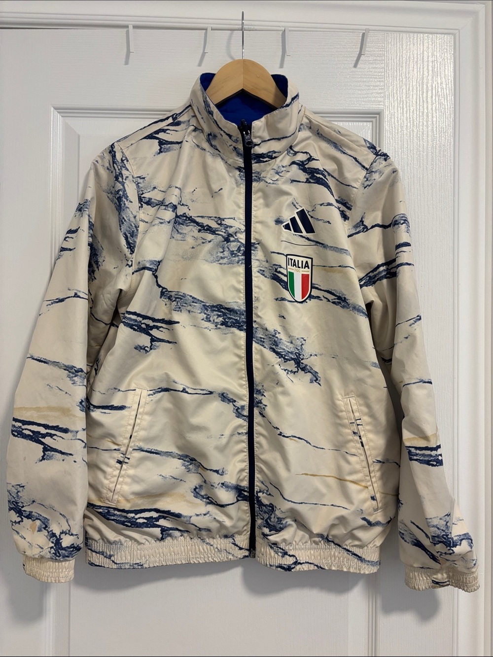adidas Cream and Navy Double-Sided Marble-Print Italia Windbreaker